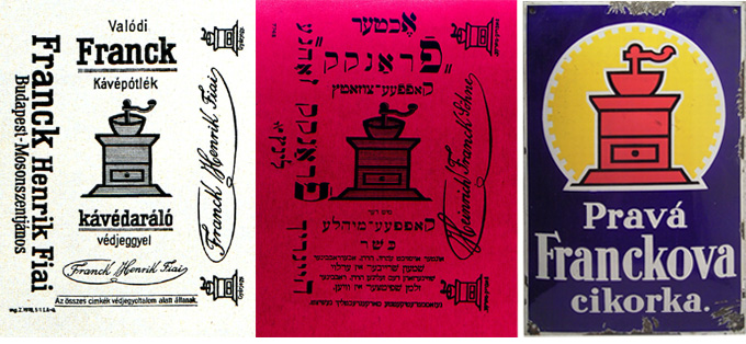 Etiketten und Werbetafeln wurden in den vielen Sprachen gedruckt, im Bild oben Ungarisch, Hebräisch und Tschechisch.