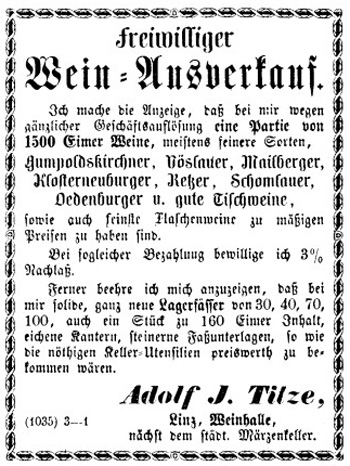 Inserat von Adolf J. Titze – Weinabverkauf